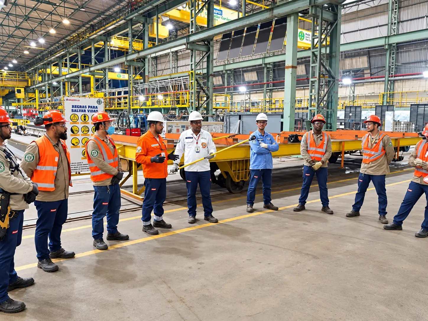 Treinamento de segurança com equipe em estaleiro industrial
